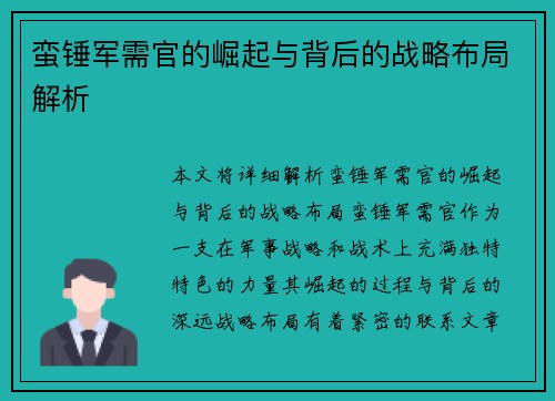蛮锤军需官的崛起与背后的战略布局解析