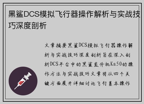 黑鲨DCS模拟飞行器操作解析与实战技巧深度剖析